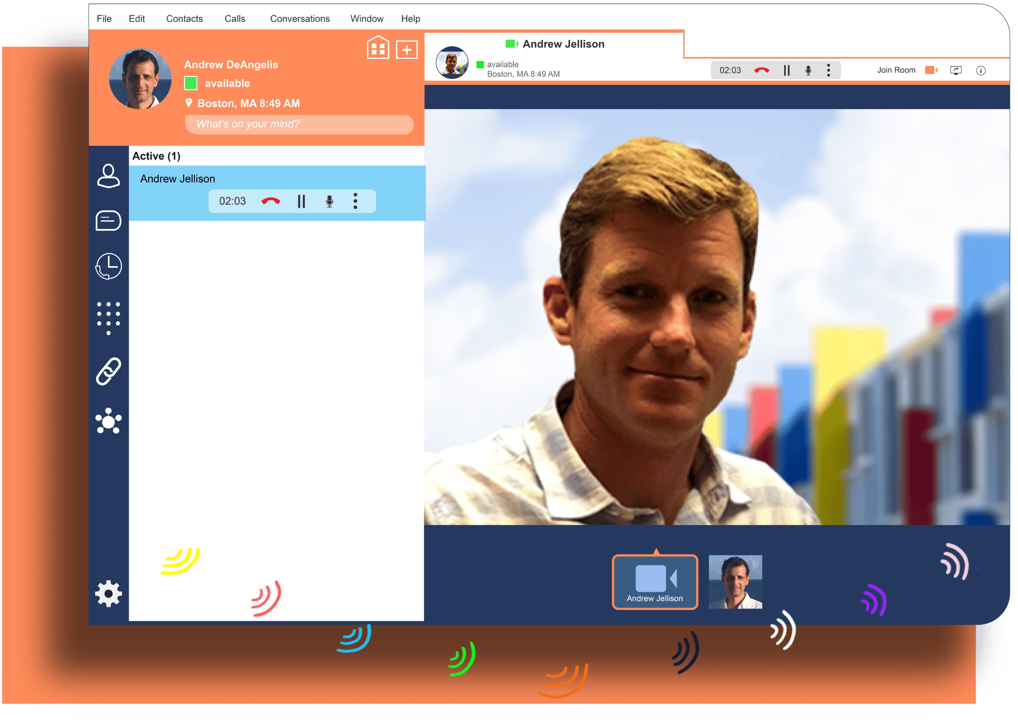 UCaaS-video-image-with-orange-background-and-small-color-rings2